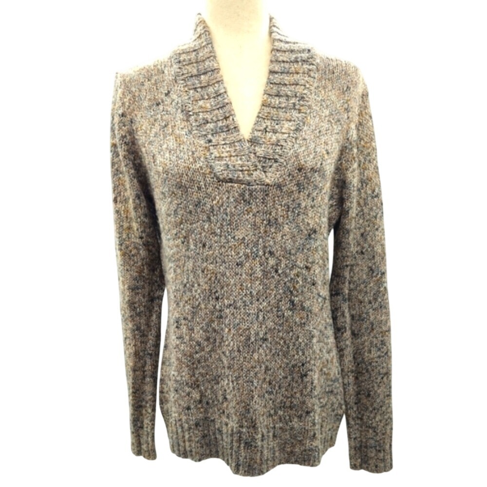 Liz Claiborne Classic Vneck Shawl Collar Tan‎ Gray Sweater Large